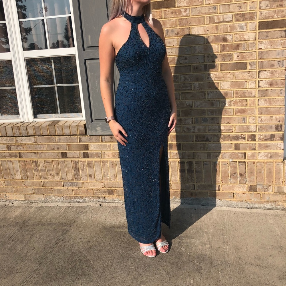 Navy High-Neck Sequin Formal Dress